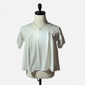 World Market Embroidered Blouse White Cotton Blend Short Sleeve Boho‎ Top Sheer